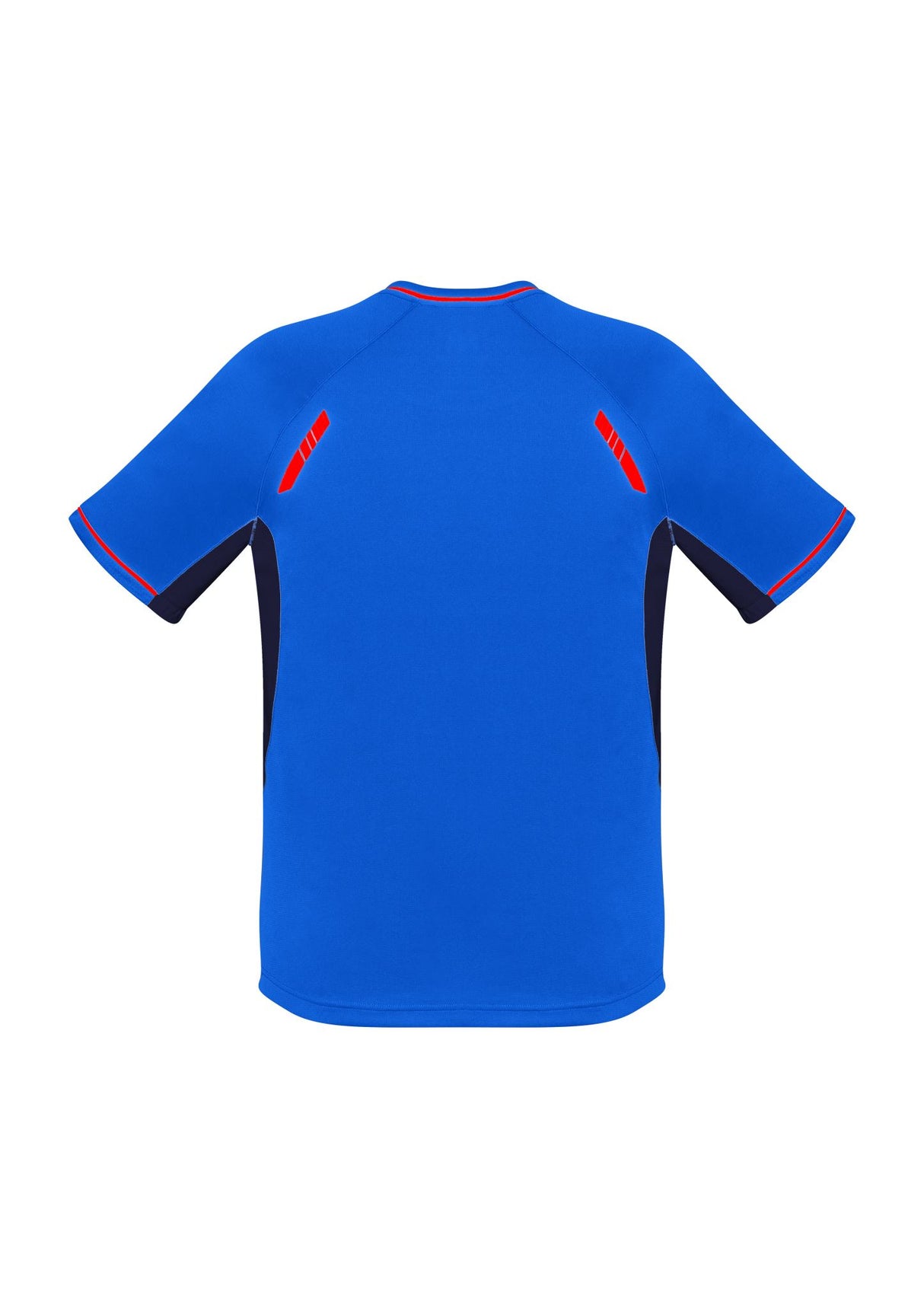 Bright royal, navy, and fluoro orange kids' tee with reflective trims and mesh panels for comfort and ventilation. Size 4.