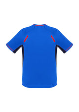 Bright royal, navy, and fluoro orange kids' tee with reflective trims and mesh panels for comfort and ventilation. Size 4.
