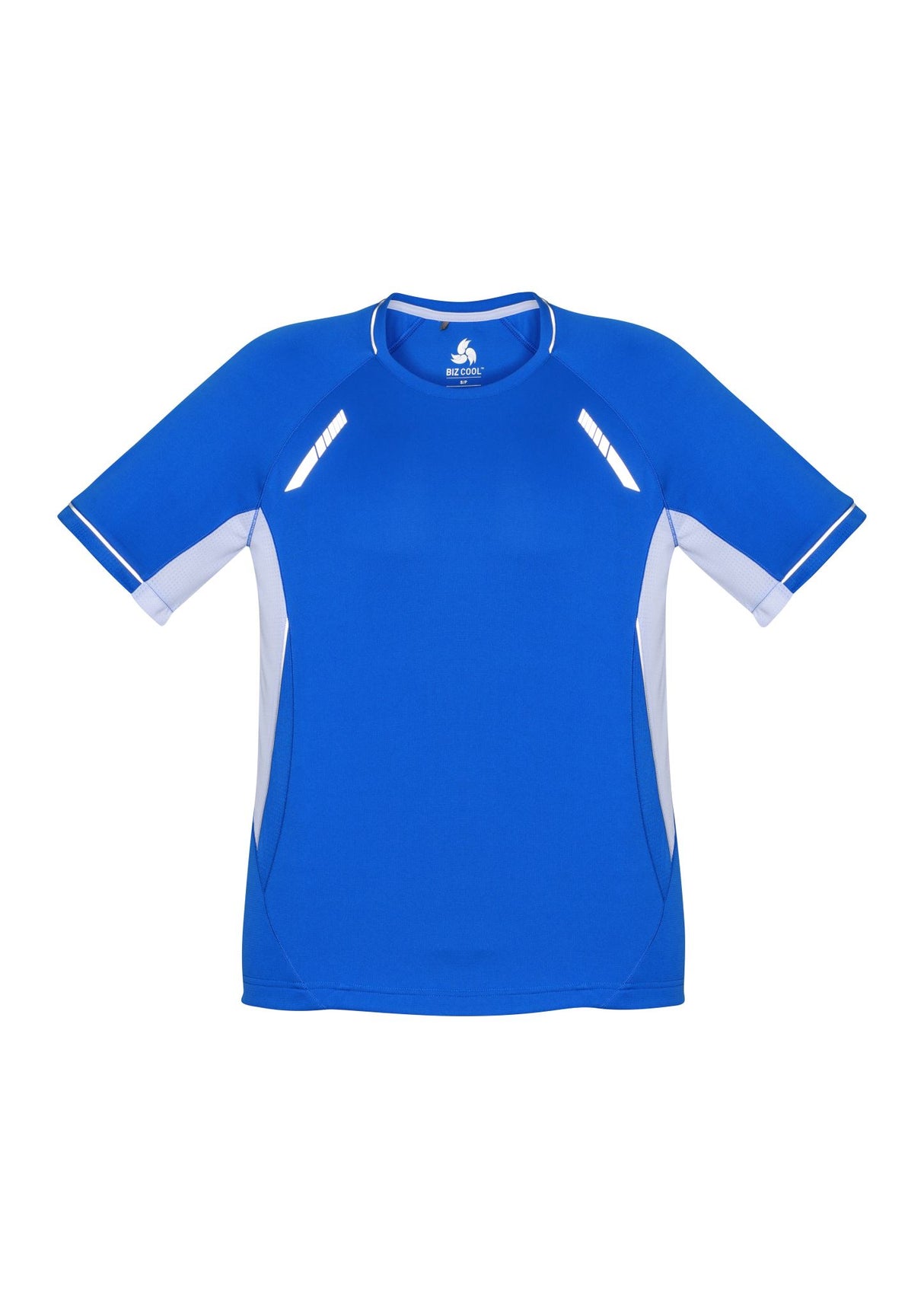 Kids Renegade Tee in Royal, White, and Silver, featuring breathable mesh panels and reflective trims for active play. Size 8.