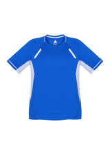 Kids Renegade Tee in Royal, White, and Silver, featuring breathable mesh panels and reflective trims for active play. Size 8.