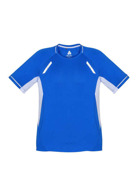 Kids Renegade Tee in Royal, White, and Silver, featuring breathable mesh panels and reflective trims for active play. Size 8.