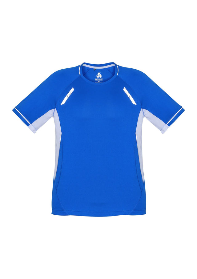 Kids Renegade Tee in Royal, White, and Silver, featuring breathable mesh panels and reflective trims for active play. Size 8.