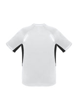 Kids Renegade Tee in White/Black/Silver, Size 8, featuring breathable fabric, reflective trims, and optimal ventilation for active play.