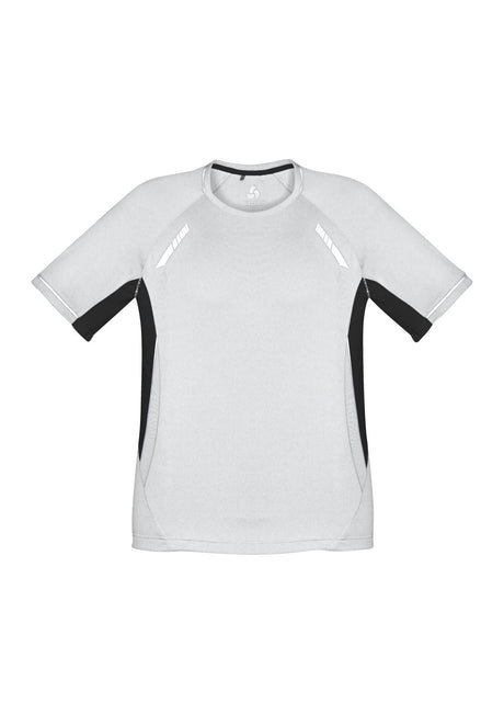 Kids Renegade Tee in white, black, and silver, featuring breathable micro polyester, reflective trims, and raglan sleeves for active play.