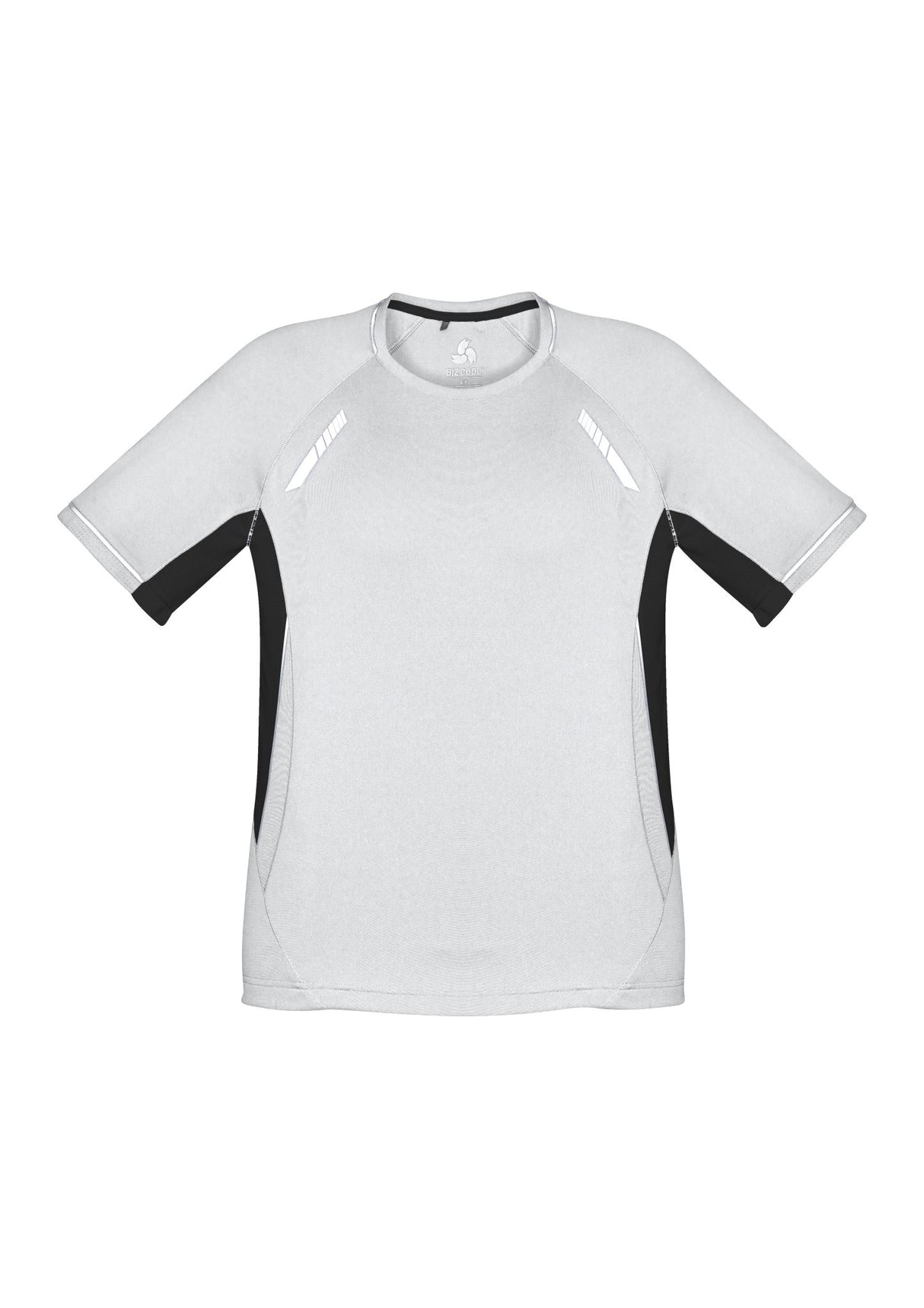Kids Renegade Tee in White/Black/Silver, size 8, features breathable fabric, reflective trims, and superior ventilation for active play.
