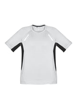 Kids Renegade Tee in White/Black/Silver, size 8, features breathable fabric, reflective trims, and superior ventilation for active play.