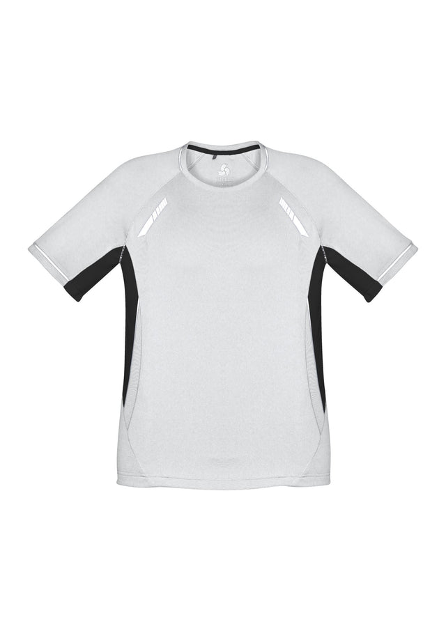 Kids Renegade Tee in White/Black/Silver, size 8, features breathable fabric, reflective trims, and superior ventilation for active play.