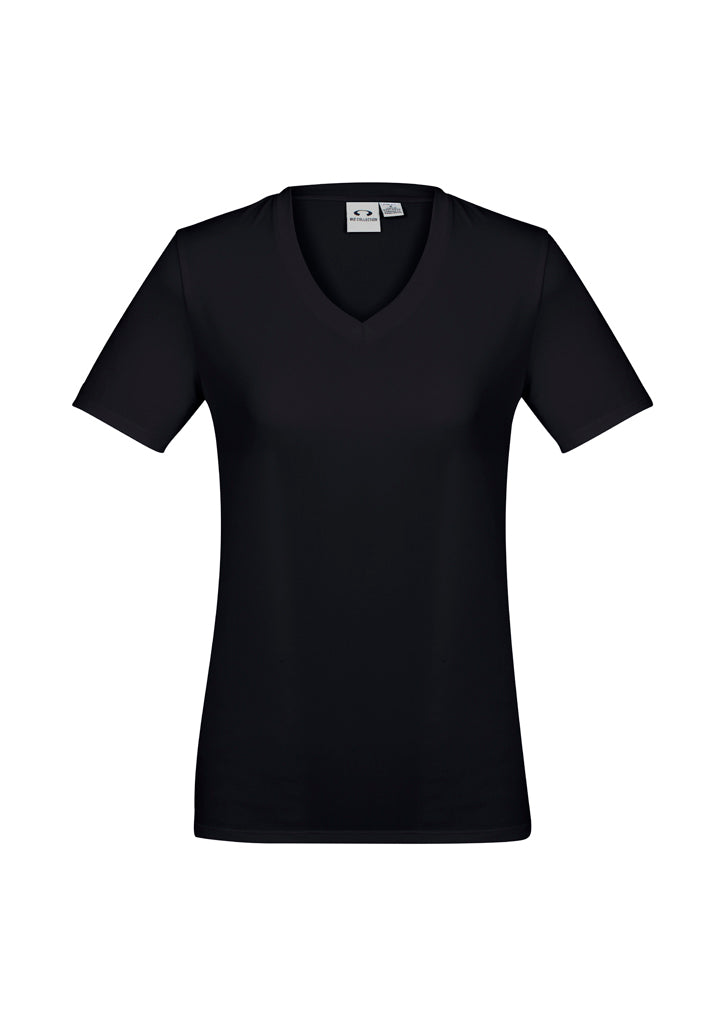 Ladies Aero Tee in Solid Black, Size 16, featuring a flattering v-neck, UPF protection, and soft, durable fabric.