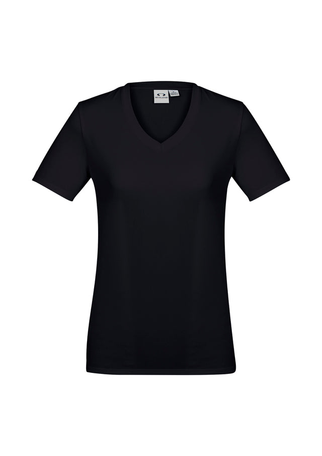 Ladies Aero Tee in Solid Black, Size 16, featuring a flattering v-neck, UPF protection, and soft, durable fabric.