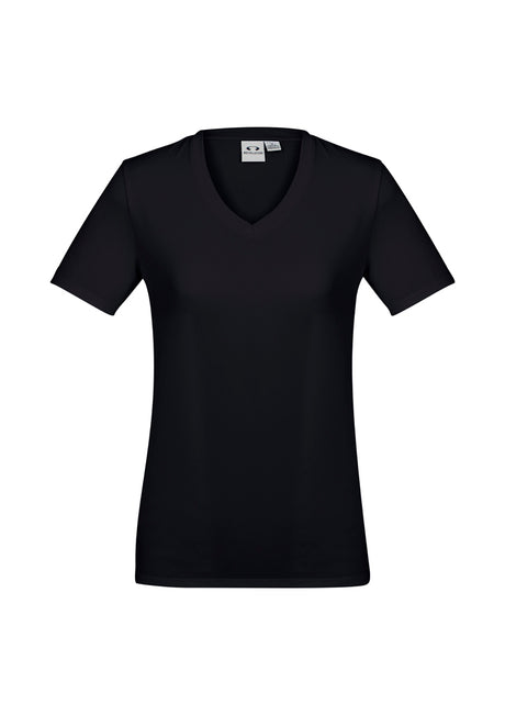 Ladies Aero Tee in solid black, size 8, showcasing a flattering v-neck and lightweight, breathable fabric for activewear.