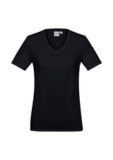 Ladies Aero Tee in Solid Black, Size 24, featuring a flattering v-neck, lightweight fabric, and sun protection for active wear.