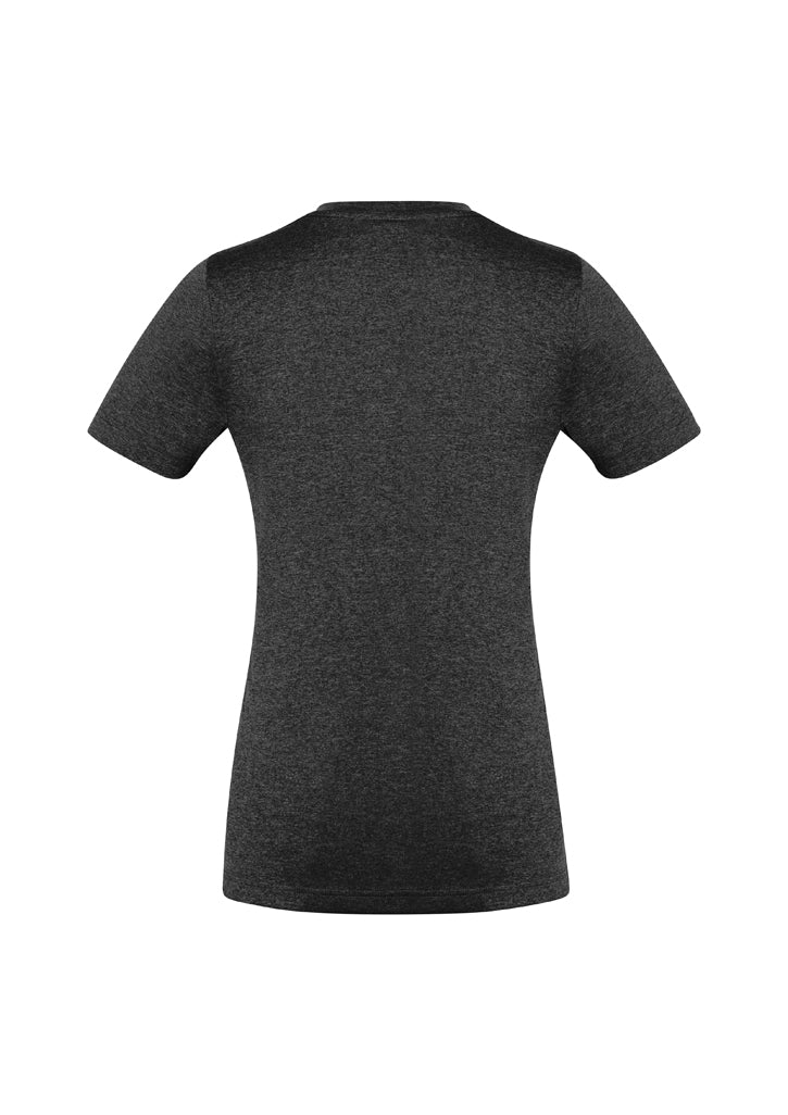 Ladies Aero Tee in black, size 6, featuring lightweight, breathable fabric, v-neck design, and good UPF protection.