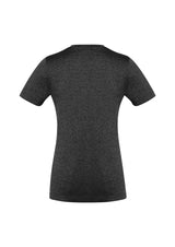 Ladies Aero Tee in Black, Size 12, featuring a flattering v-neck, lightweight fabric, and stylish heathered effect for activewear.