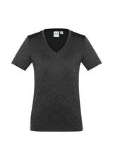 Ladies Aero Tee in black, size 16, featuring lightweight polyester, UPF protection, and a flattering v-neck design.