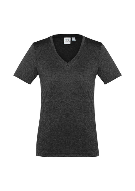 Ladies Aero Tee in black, size 22, featuring breathable fabric, flattering v-neck, and moisture-wicking technology for comfort.