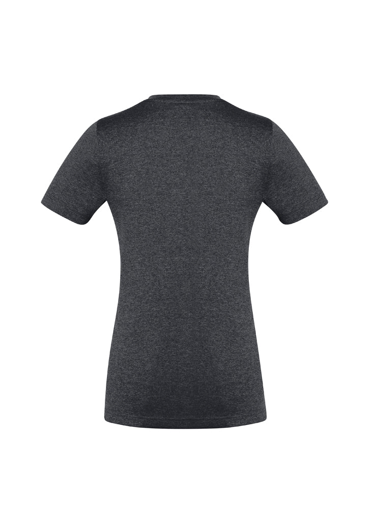 Charcoal Ladies Aero Tee in Size 20, featuring breathable fabric, flattering v-neck, and modern athletic design.