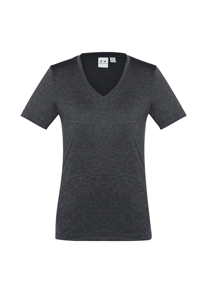 Ladies Aero Tee in Charcoal, Size 10, features a flattering v-neck and breathable fabric, perfect for workouts and casual wear.