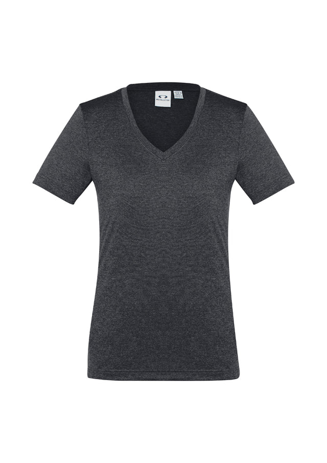 Ladies Aero Tee in Charcoal, Size 24, featuring breathable fabric, flattering v-neck, and a modern athletic look.