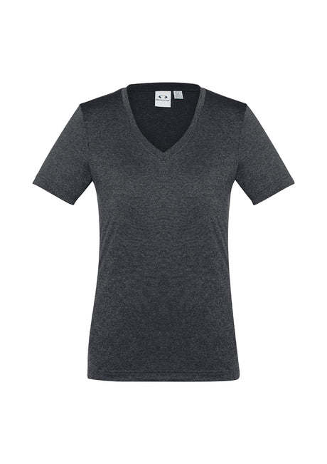 Ladies Aero Tee in charcoal, size 12, featuring lightweight, cool fabric and a flattering v-neck for stylish activewear.