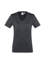 Ladies Aero Tee in Charcoal, Size 16, featuring a flattering v-neck, lightweight fabric, and modern heathered marle effect.
