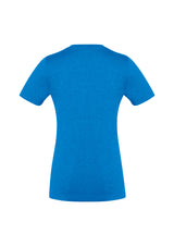 Vibrant cyan Ladies Aero Tee in size 8, featuring a v-neck, breathable fabric, and modern heathered marle design.