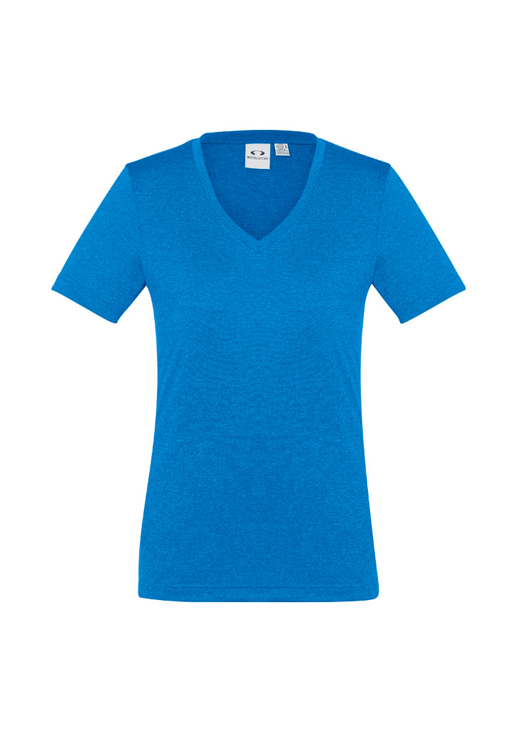 Ladies Aero Tee in vibrant Cyan, Size 16, featuring breathable fabric, flattering v-neck, and modern heathered marle design.