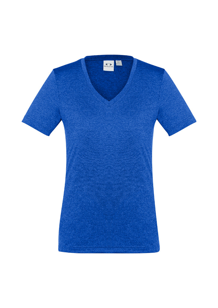 Ladies Aero Tee in Electric Blue, size 6, featuring a v-neck, breathable fabric, and a chic heathered look for active women.