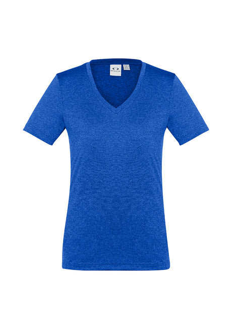 Ladies Aero Tee in Electric Blue, Size 10, features lightweight, breathable fabric with flattering v-neck and modern athletic design.