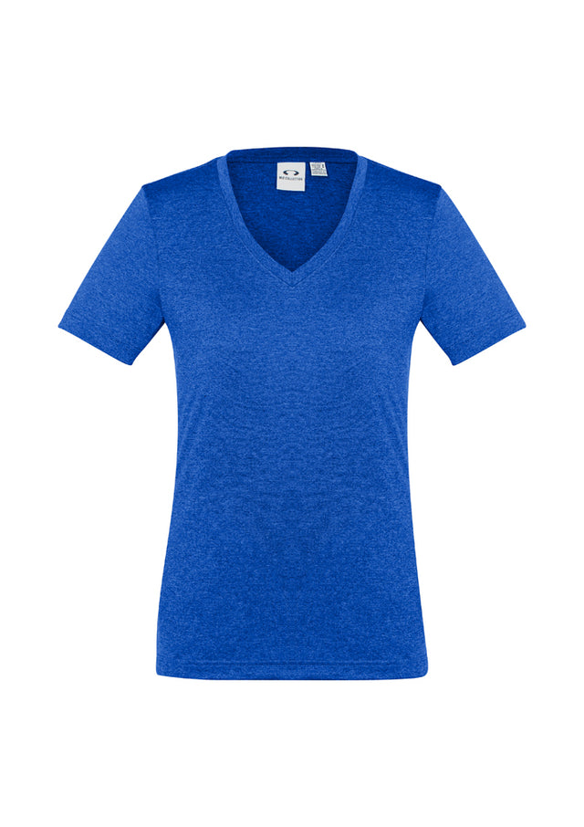 Ladies Aero Tee in Electric Blue, Size 22, showcasing breathable fabric, flattering v-neck, and modern athletic style.