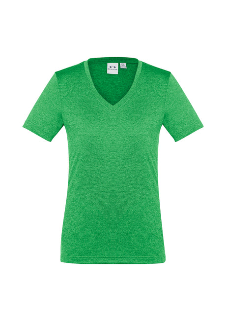 Ladies Aero Tee in vibrant lime, Size 10, features breathable fabric, flattering v-neck, and moisture-wicking properties.
