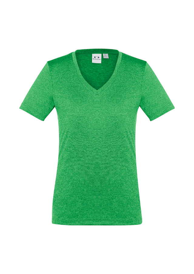 Bright lime Ladies Aero Tee in size 6, featuring a flattering v-neck and breathable micro polyester for active wear.