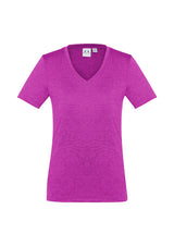 Magenta Ladies Aero Tee in size 22, featuring a flattering v-neck and lightweight, cool, anti-shrink fabric for stylish comfort.
