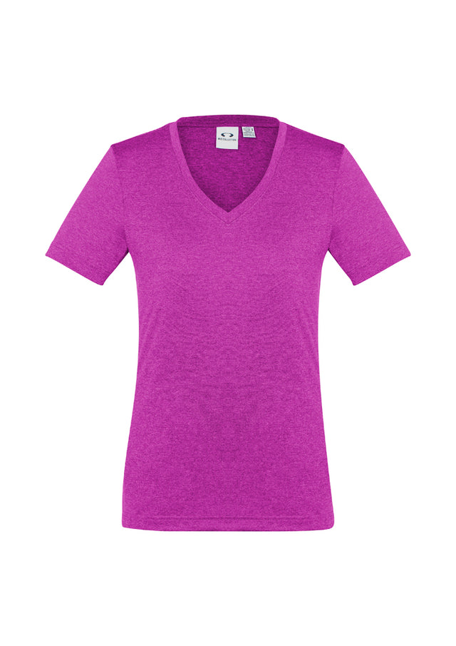 Ladies Aero Tee in Magenta, Size 8, features a breathable, soft fabric and flattering v-neck for active lifestyles.