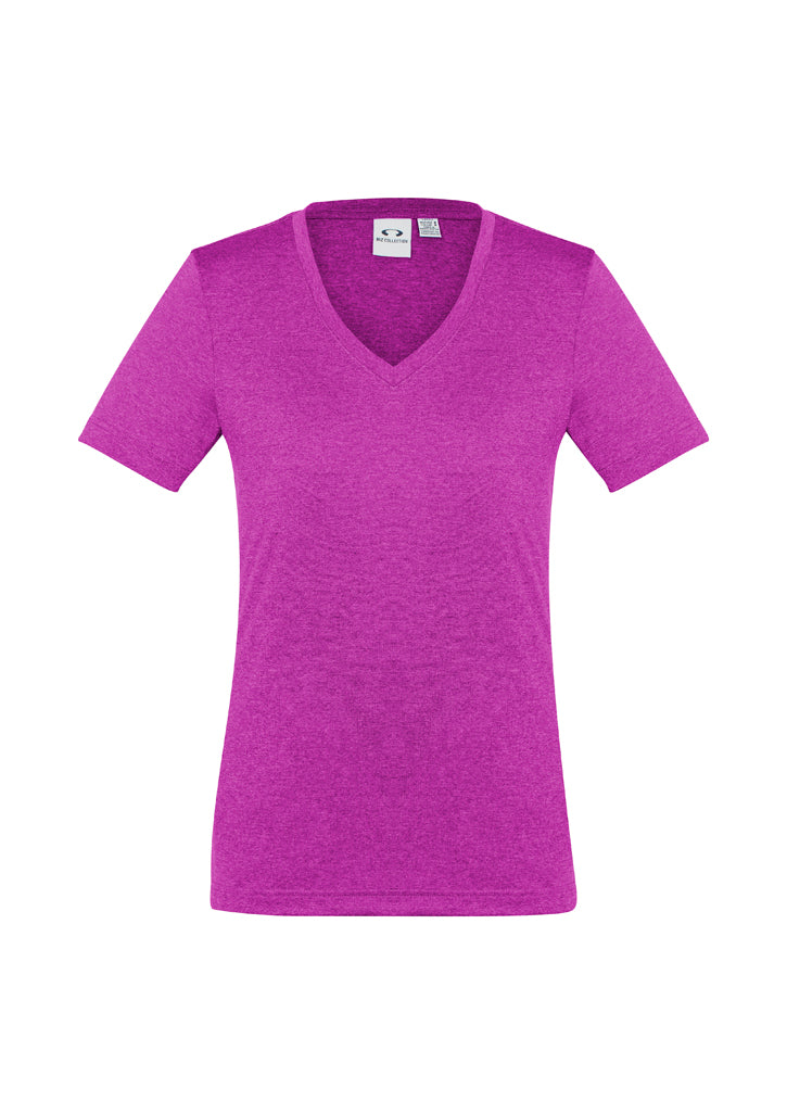 Vibrant magenta ladies' Aero Tee, size 12, featuring breathable fabric, flattering v-neck, and modern athletic style.