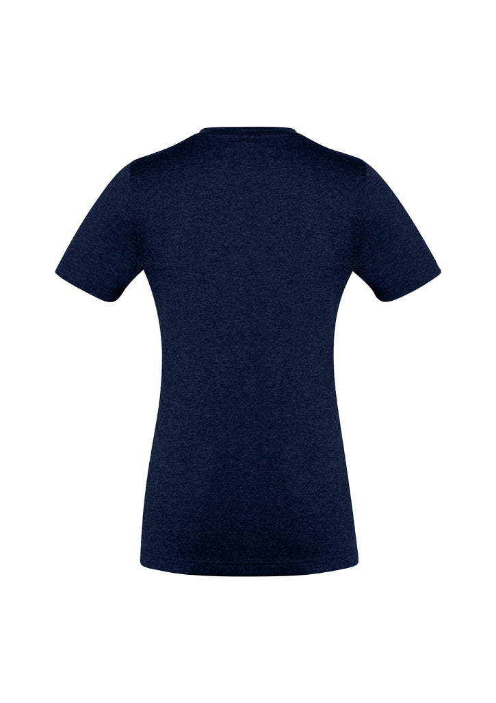 Stylish navy ladies' Aero Tee in size 10, made from breathable BIZ COOL™ fabric with a flattering v-neck and UPF protection.