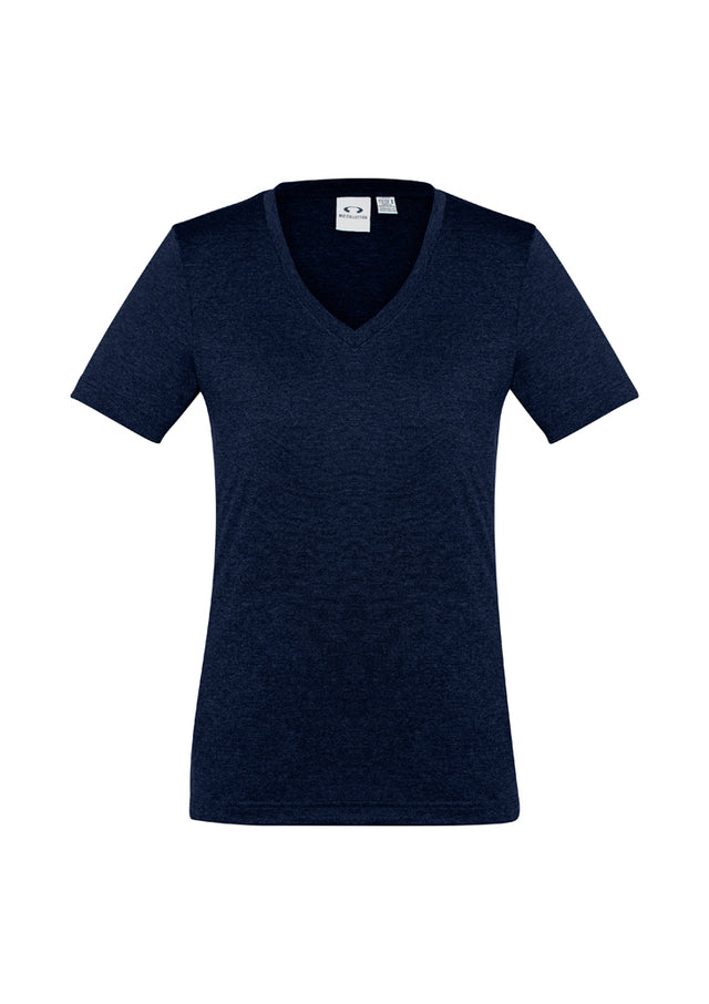 Navy Ladies Aero Tee in size 18, featuring a flattering v-neck and lightweight, breathable fabric for activewear comfort.
