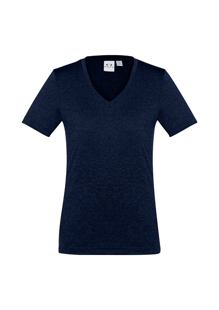 Lightweight navy Aero Tee for women, featuring a flattering v-neck, breathable fabric, and versatile style for various occasions.