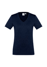 Lightweight navy Aero Tee for women, featuring a flattering v-neck, breathable fabric, and versatile style for various occasions.