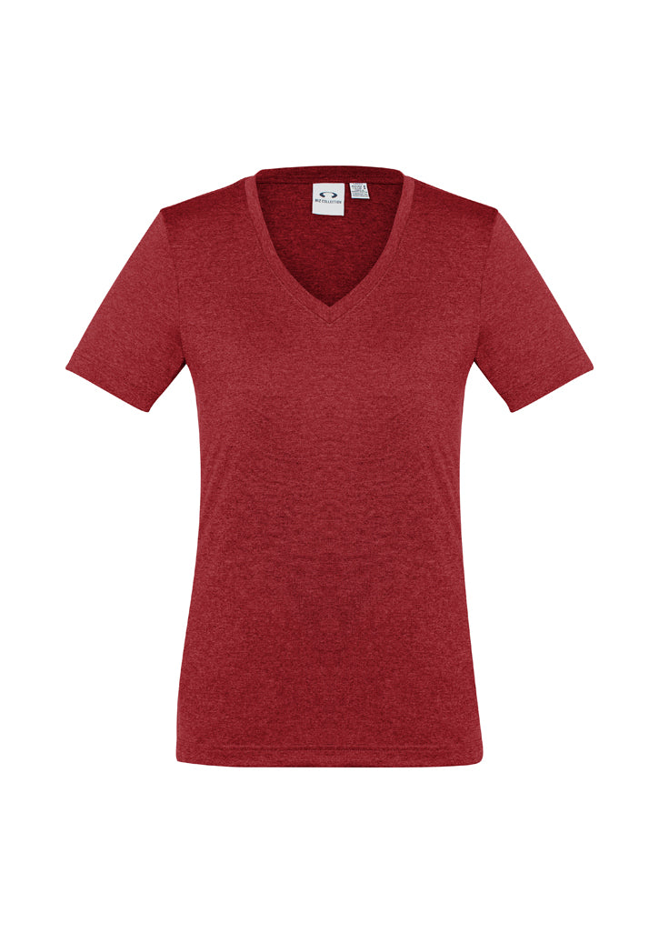 Ladies Aero Tee in red, Size 22, featuring breathable fabric, flattering v-neck, and modern athletic look for activewear fashion.