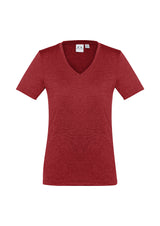 Bright red Ladies Aero Tee, Size 14, made of lightweight micro polyester, featuring v-neck and modern heathered marle design.