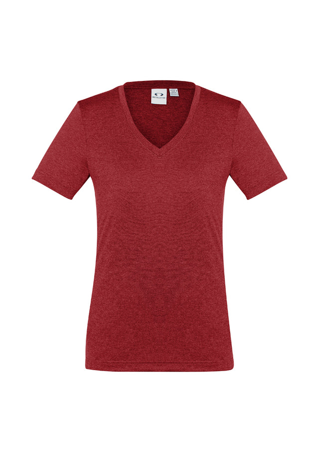 Bright red Ladies Aero Tee, Size 14, made of lightweight micro polyester, featuring v-neck and modern heathered marle design.