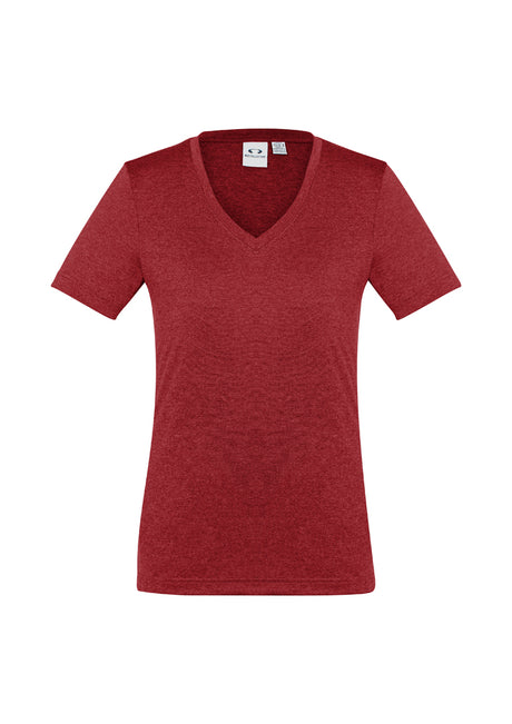 Ladies Aero Tee in red, size 8, featuring lightweight fabric, flattering v-neck, and modern heathered marle design.