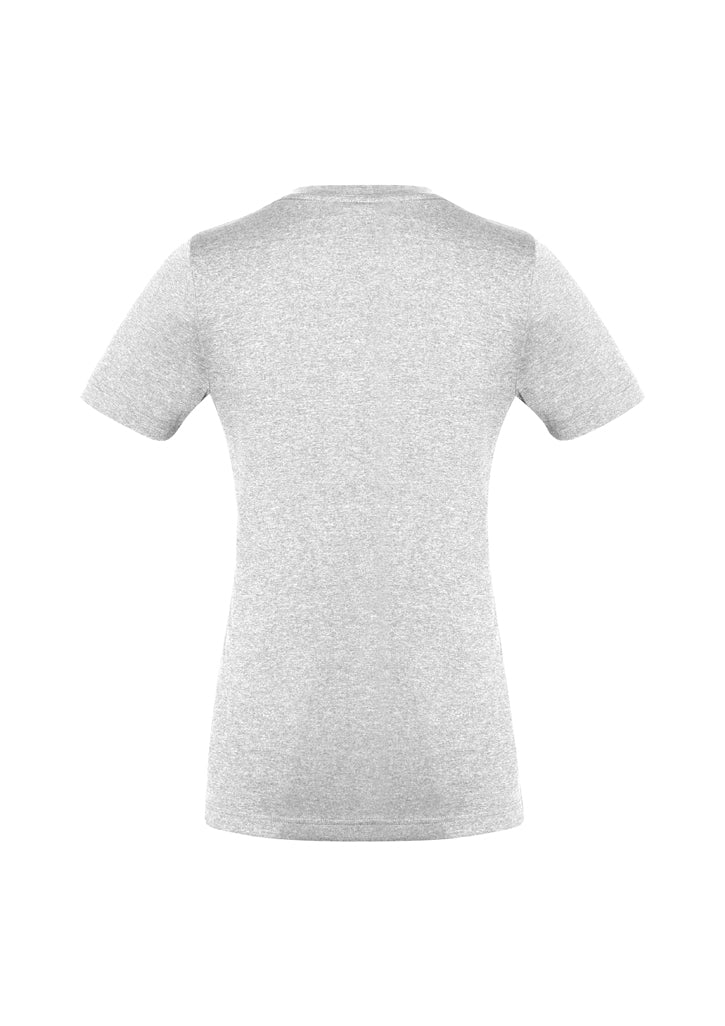 Ladies Aero Tee in Silver, Size 24, features lightweight polyester, flattering v-neck, and modern heathered marle effect.