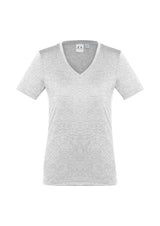 Ladies Aero Tee in Silver, Size 22, featuring a v-neck, lightweight breathable fabric, and modern heathered design.