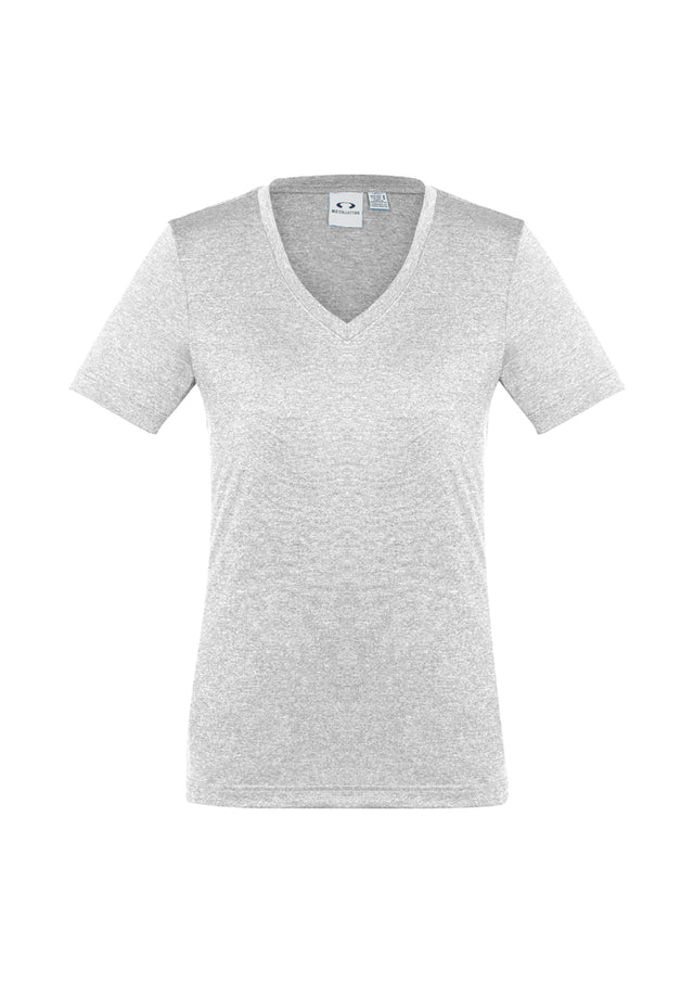 Ladies Aero Tee in Silver, Size 16, featuring a flattering v-neck, lightweight fabric with UPF protection, perfect for casual wear.