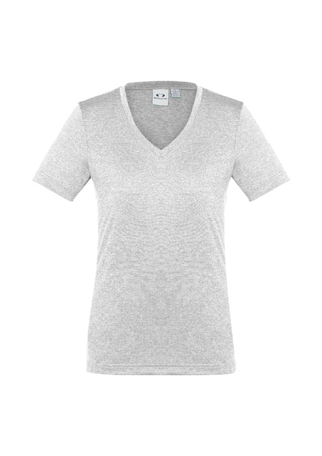 Ladies Aero Tee in silver, size 6, crafted from lightweight micro polyester with a flattering v-neck and modern heathered fabric.
