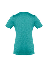 Teal Ladies Aero Tee in Size 12, featuring breathable fabric, flattering v-neck, and modern heathered design.