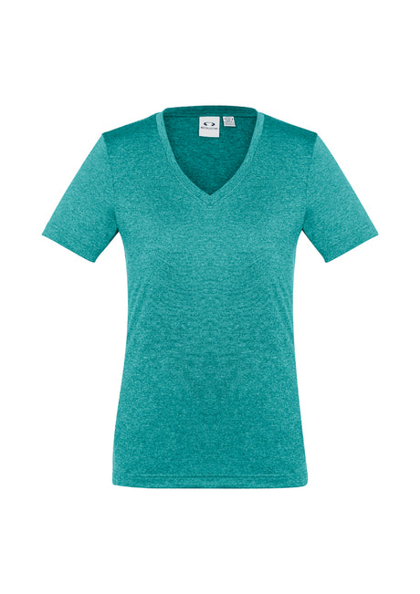 Ladies Aero Tee in teal, size 14, featuring a flattering v-neck, lightweight fabric, and modern heathered marle design.