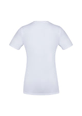 Ladies Aero Tee in white, size 24, featuring a v-neck, lightweight fabric, and UPF protection for stylish comfort.