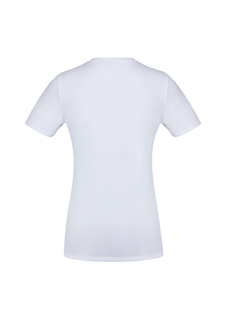 Ladies Aero Tee in white, size 10, featuring breathable micro polyester, flattering v-neck, and modern athletic design.